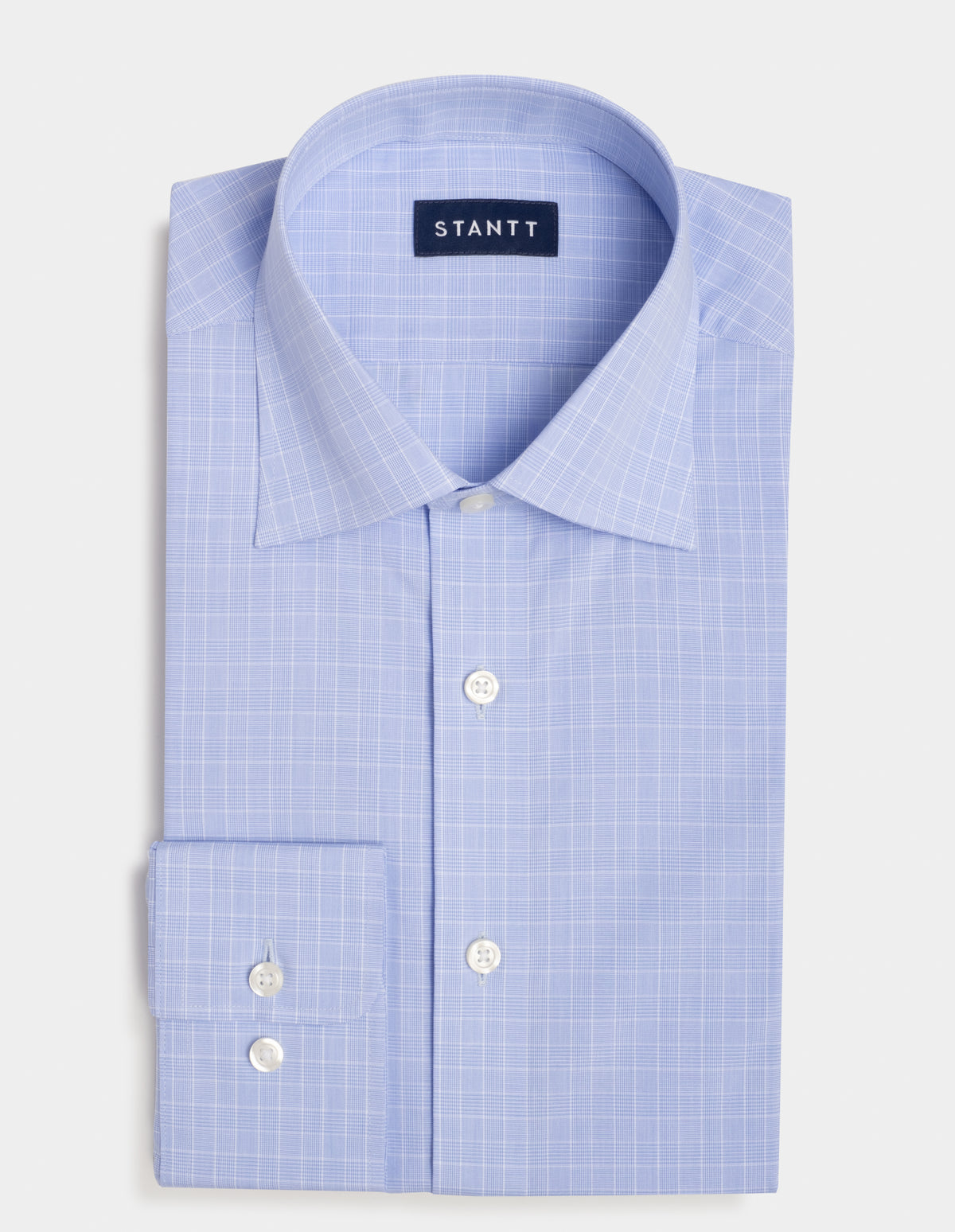 Wrinkle-Resistant Stretch Twill Blue Grid Check Dress Shirt No Pocket / Premium Custom Buttons