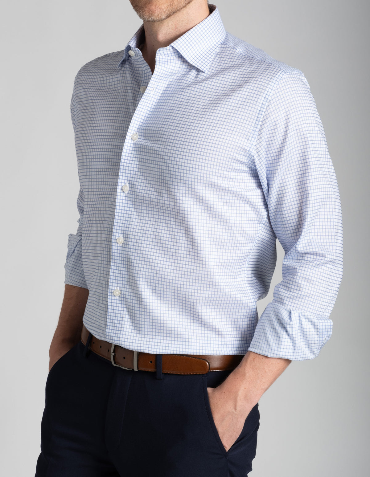 Wrinkle-Resistant Stretch Twill Blue Grid Check Dress Shirt No Pocket / Premium Custom Buttons Wrinkle-Resistant Stretch Twill Blue Grid Check Dress Shirt No Pocket / Premium Custom Buttons