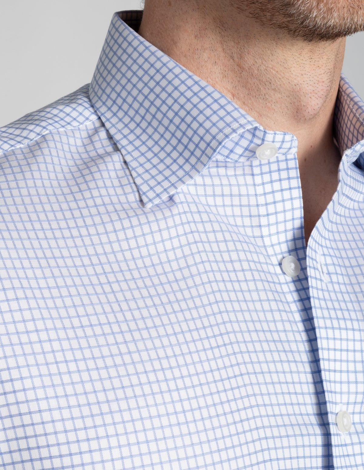 Wrinkle-Resistant Stretch Twill Blue Grid Check Dress Shirt No Pocket / Premium Custom Buttons
