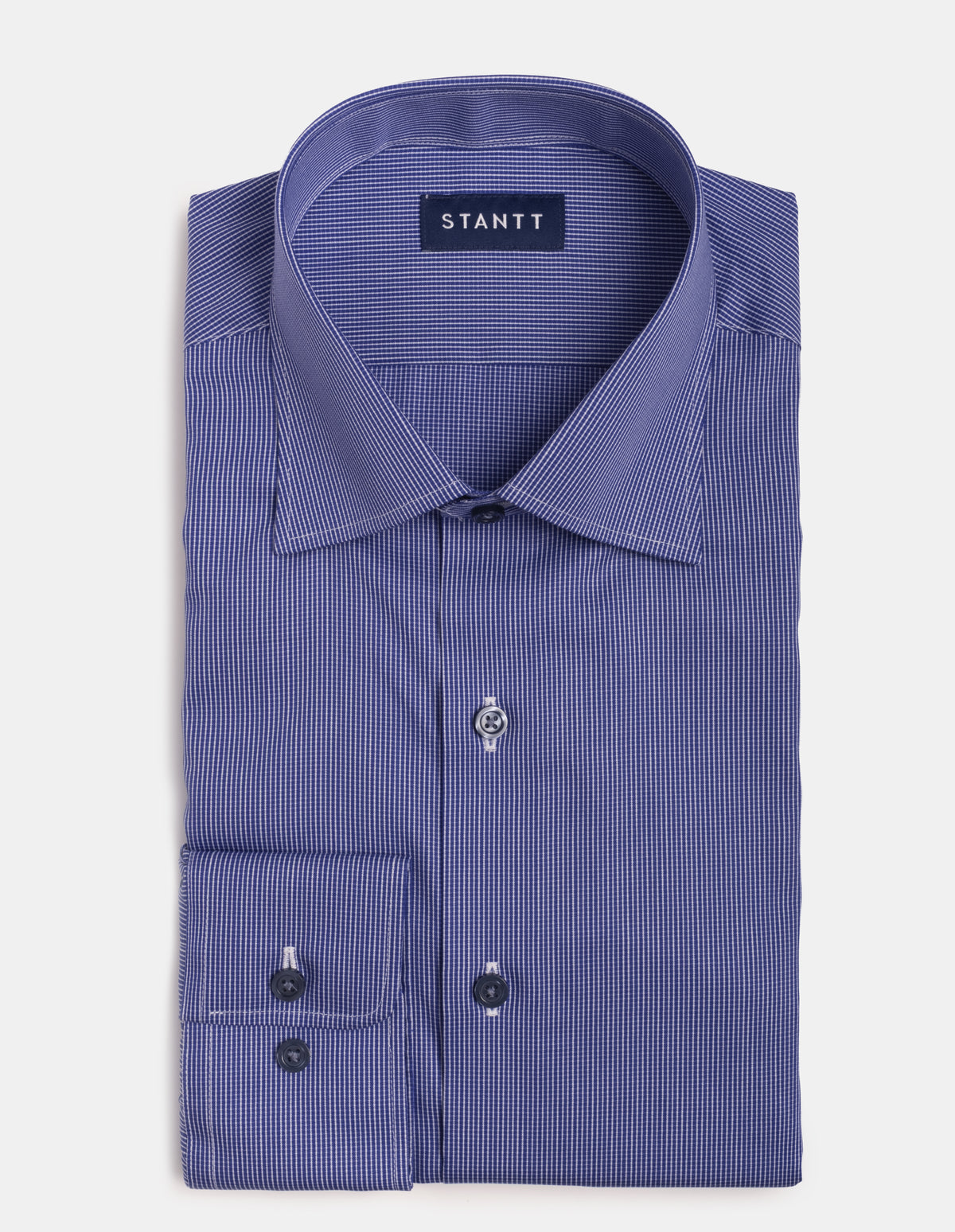 Wrinkle-Resistant Poplin Deep Navy Micro Check Dress Shirt Pocket / Premium Custom Buttons