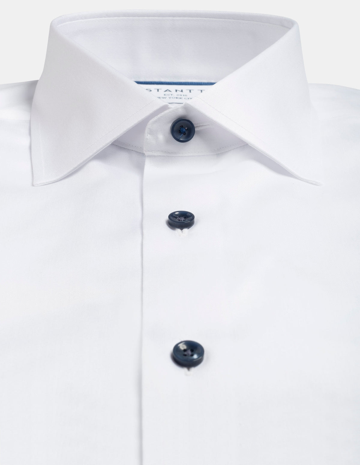 stantt dress shirts Wrinkle-Resistant Stretch Twill White with Navy Button Dress Shirt No Pocket / Standard Buttons
